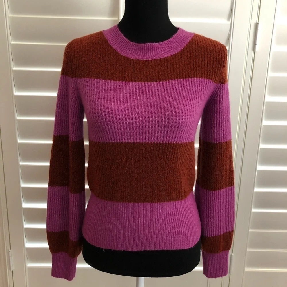 NWT American Eagle XS Wide Stripe Crew Sweater Fuzzy Pullover Purple Orange Fall